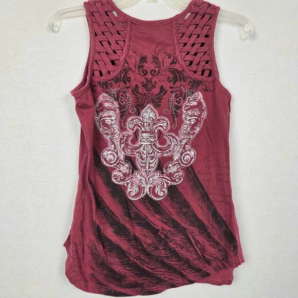 Miss Me Graphic L Burgundy Fleur-de-Lis Rhinestone Tank Top - Picture 3 of 6